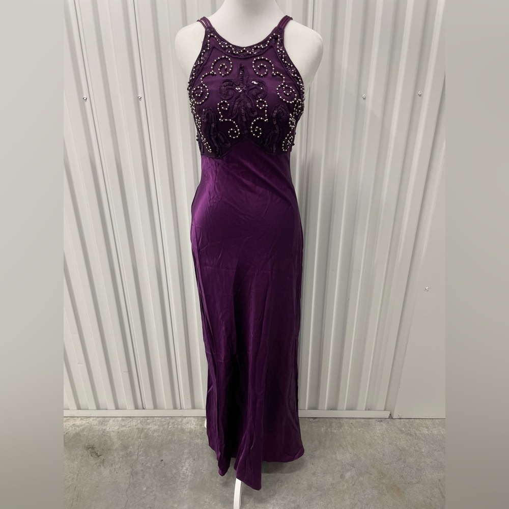 Y2K‎ Purple High Neck Beaded Satin Maxi Dress 2 Gown Formal Hoco Dance Fairycore